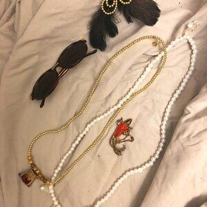 bundle sunglasses, earring set, 2 necklaces, and gold rhinestone clothing pin